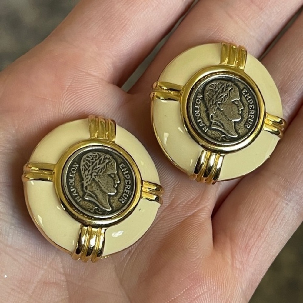 Vintage Napoleon Empereur Coin Enamel Clip On Earrings